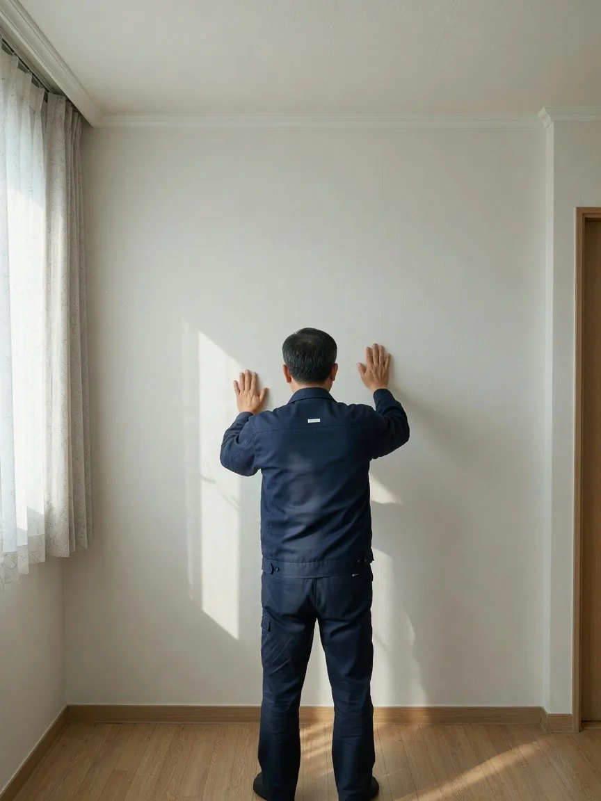 벽지를 밀어 이음을 확인하는 손
